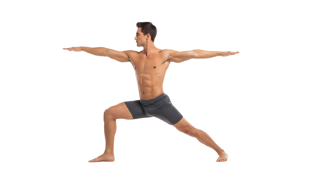 Athletic man in warrior two pose on transparent background, demonstrating strength, balance, and flexibility in a full body workout routine