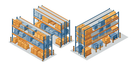 Obraz premium Warehouse shelves filled with boxes in isometric style