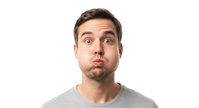 Funny young man with puffed cheeks isolated on transparent background close up studio portrait of handsome guy with swollen face expression