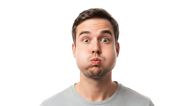 Funny young man with puffed cheeks isolated on transparent background close up studio portrait of handsome guy with swollen face expression