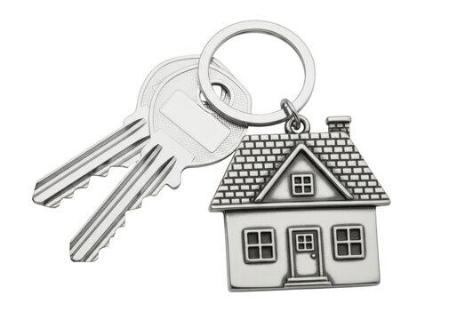 A set of two silver house keys with a detailed silver houseshaped keychain, isolated on a transparent background, symbolizing home ownership and security