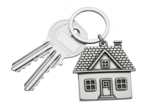 A set of two silver house keys with a detailed silver houseshaped keychain, isolated on a transparent background, symbolizing home ownership and security