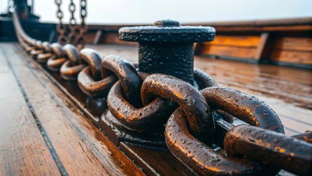 Close up of heavy ship anchor chain on wooden deck - Powered by Adobe