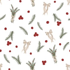 Christmas Seamless Pattern with Holly Berries, Christmas bow and Winter Foliage on Light Background