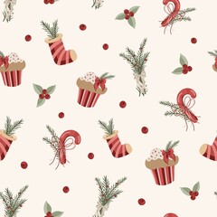 Christmas Seamless Pattern with Cupcakes, Stockings, Candy Canes and Winter Foliage on Light Background