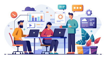 Team collaboration and digital strategy development in modern office environment