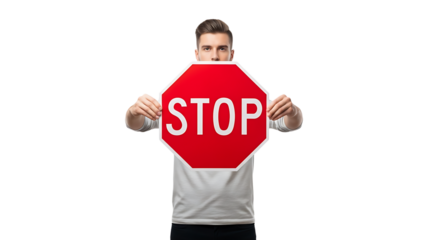 Man holding red stop sign in front of his face isolated on transparent background person showing warning symbol in studio, concept of prohibition