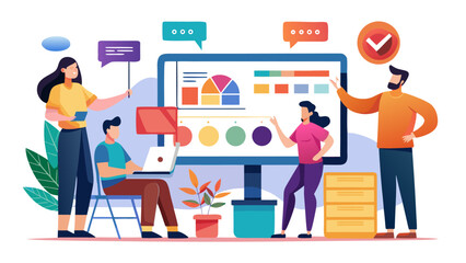 Team collaborating on a presentation with charts and graphs