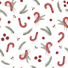 Christmas Seamless Pattern with Holly Berries Candy Canes and Winter Foliage on Light Background