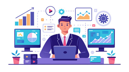 Business analyst working with data and charts on computer screens