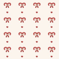 Seamless Christmas Pattern with Candy Canes, Hearts and Festive Bows