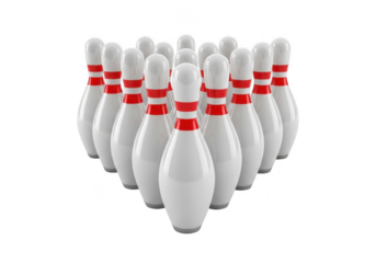A full rack of bowling pins, isolated on transparent background