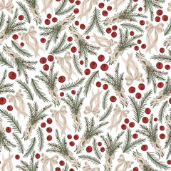 Christmas Seamless Pattern with Holly Berries, Christmas bow and Winter Foliage on Light Background