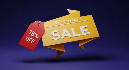 Graphic of yellow tag with "Sale" inscription and red tag with "75% off", representing promotional event, final clearance and discount offer, advertising concept
