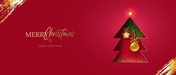 A festive banner with the words Merry Christmas! and Happy New Year! and a decorated Christmas tree with ornaments. Illustrations for greeting cards, website banners, and social media. Vector. © Riva
