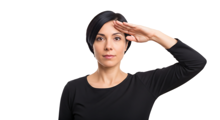 Serious woman with dark hair salutes on an isolated on transparent background, showing respect and honor in a gesture of patriotism and obedience