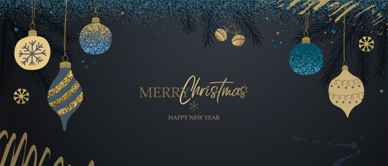 Christmas card, banner, poster, cover. Modern Christmas design with hand-drawn trees, baubles, and decorations. Snowflakes, snow, brush strokes, texture Sophisticated dark background Vector