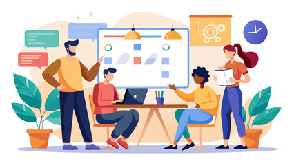 Diverse team collaborating on a project around a table with a whiteboard