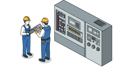 Engineers collaborating on control panel in isometric industrial setting