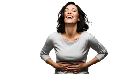 A cheerful woman with dark hair is laughing heartily with her hands on her stomach isolated on transparent background she is wearing a grey shirt