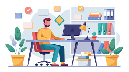 Man working at a desk with computer and plants in a modern office