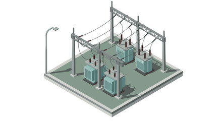 Fototapeta premium Isometric power substation with transformers and electrical infrastructure
