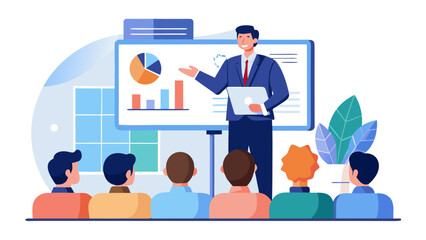 Business presentation with charts and audience