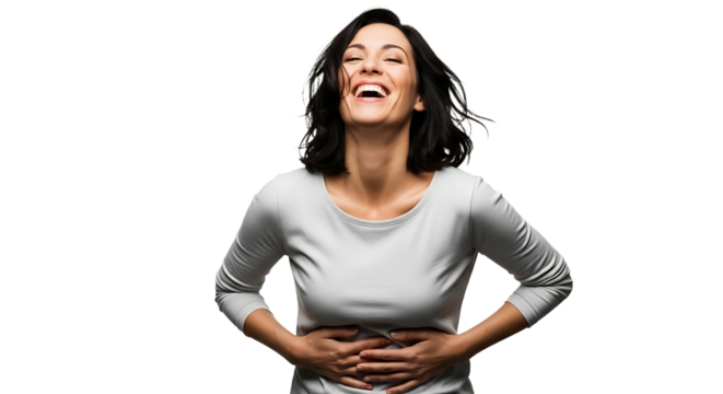 A cheerful woman with dark hair is laughing heartily with her hands on her stomach isolated on transparent background she is wearing a grey shirt - Powered by Adobe