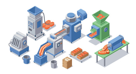 Obraz premium Isometric factory machinery for food processing and automation