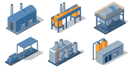 Obraz premium Isometric industrial buildings set: factories, machinery, and storage units for design projects