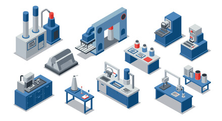 Fototapeta premium Isometric industrial equipment set featuring high-tech machinery and tools