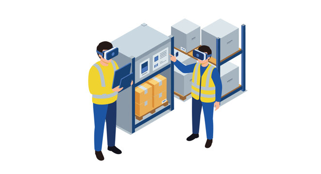 Warehouse workers using virtual reality technology for inventory management in a modern storage facility