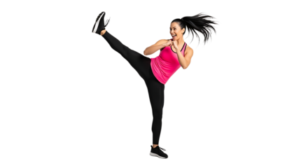 Fit young woman in sportswear practices martial arts kick, isolated on transparent background fullbody action shot of female athlete demonstrating power