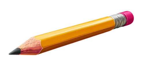 Yellow wooden pencil with pink eraser isolated on transparent background