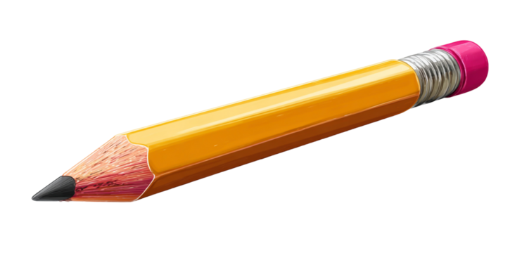 Yellow wooden pencil with pink eraser isolated on transparent background
