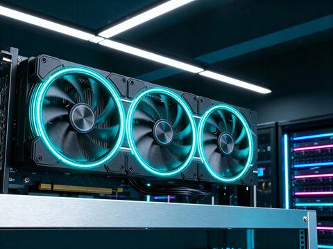 Close-up of a three-fan graphics processing unit with vibrant blue LED lighting in a server room environment.
