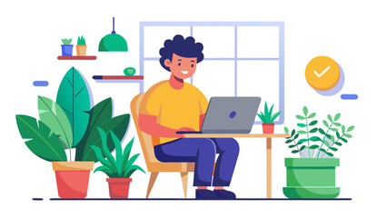 Person working on a laptop surrounded by plants and natural light