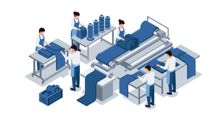 Isometric textile manufacturing scene with workers in factory setting