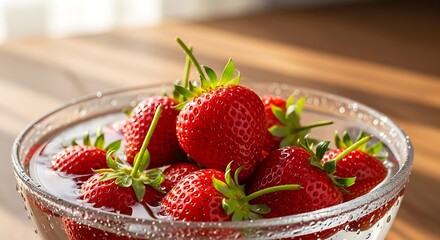 Fresh ripe strawberries float in clear water inside a glass bowl.
