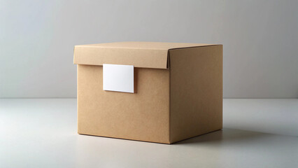 A simple brown cardboard box sealed with tape sits on a reflective surface against a minimalist white backdrop