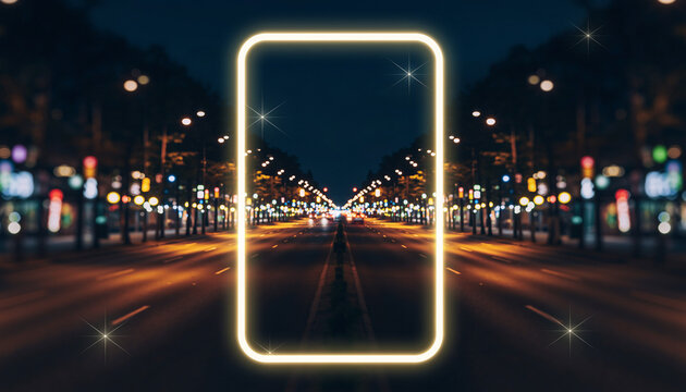 Blurred city street at night with a neon rectangle. Suitable for urban background designs, nightlife concept illustrations, and futuristic cityscape themes.