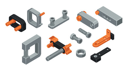 Obraz premium Isometric industrial hardware components in grey and orange design