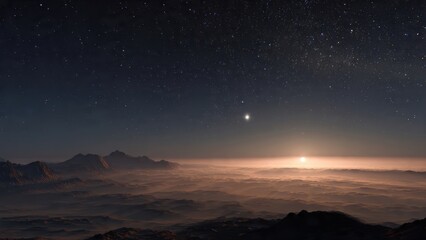 A breathtaking view of a starry night sky over misty mountains, showcasing the beauty of nature and celestial bodies.