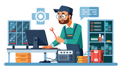 Technician working on computer with tools and equipment