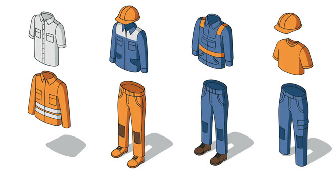 Isometric workwear set: safety clothing and accessories collection
