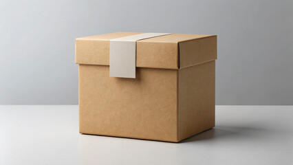 A simple brown cardboard box sealed with tape sits on a reflective surface against a minimalist white backdrop