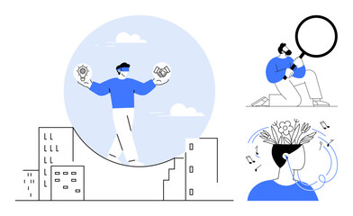 Person balancing creative ideas and teamwork above cityscape, analyzing with magnifying glass, head filled with blossoming flowers. Ideal for innovation, strategy, mindfulness, exploration