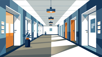 Modern office hallway with multiple doors and natural light