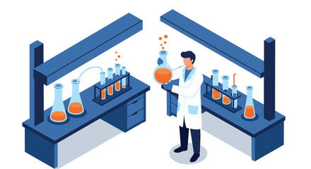 Isometric scientist in modern laboratory holding beaker with orange liquid