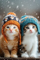 Two adorable kittens in knitted pom-pom hats looking up with big blue eyes amid falling snowflakes outdoors. Cute winter pet duo, cozy festive holiday vibe full of innocence and charm.
